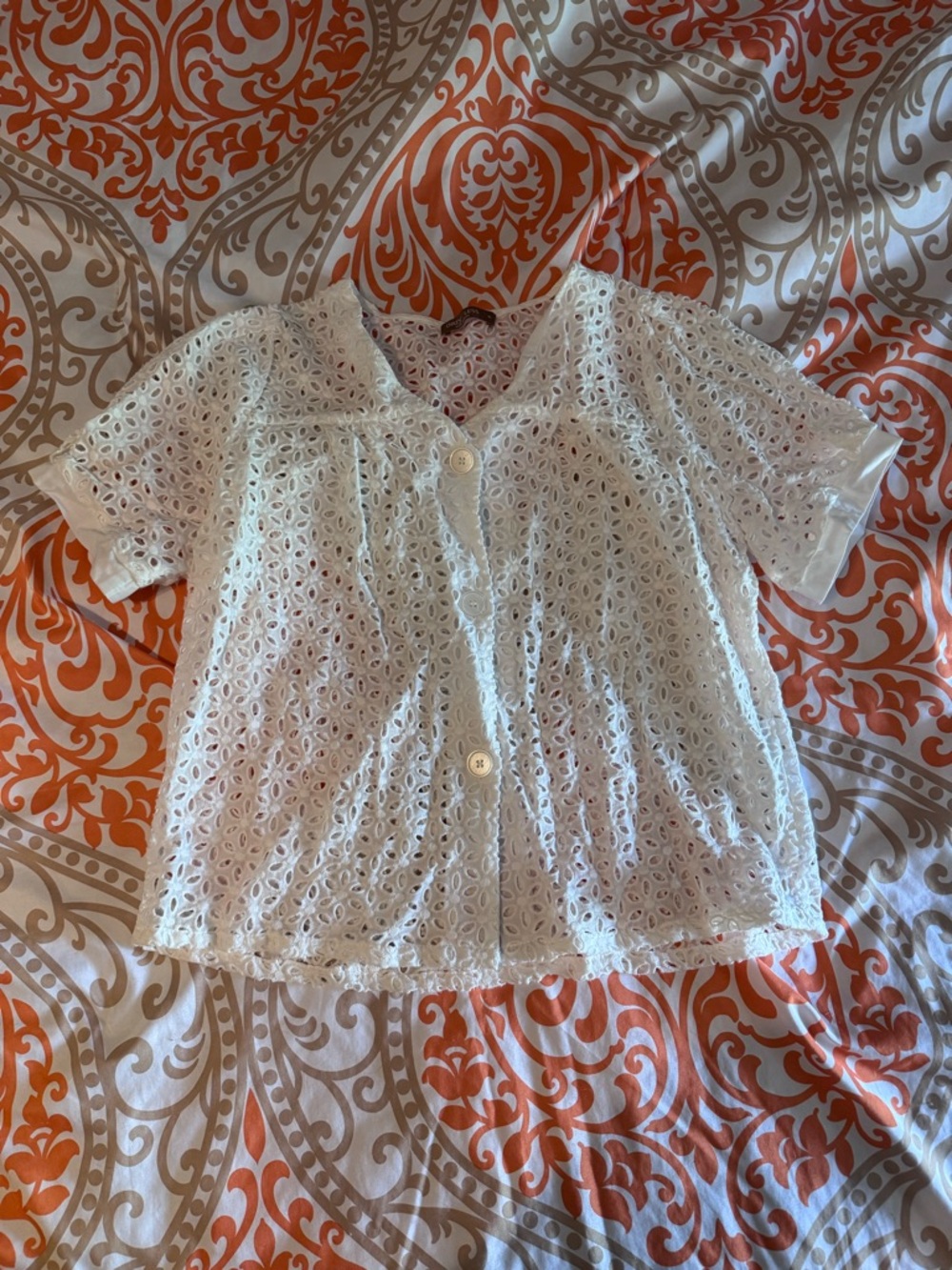 White Eyelet Button-Front Top, XL